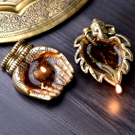 Golden Sankh and Hands Brass Oil Lamp Diwali Diya Gifts Worship Decoration Pack of 2